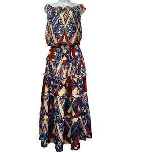 Torn by Ronny Kobo Boho Aztec Print Tiered Maxi Dress Size S Festival Bohemian